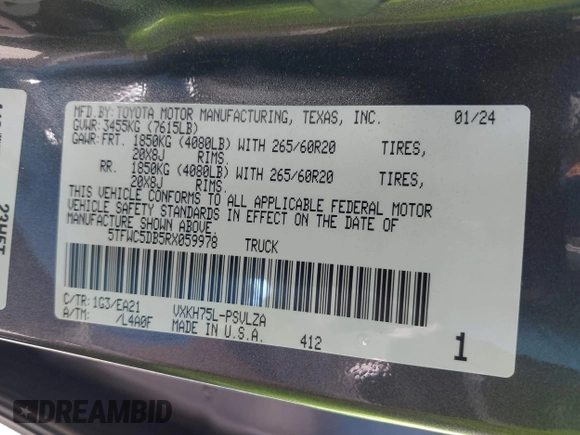 2024 Toyota Tundra Limited Hybrid with VIN 5TFWC5DB5RX059978, listed as a IAAI auction lot 42265346 with 16,882 mi miles and . Bid and sale history available at DreamBid. Image 9.