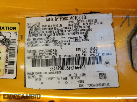 2015 Ford Fusion S Hybrid with VIN 3FA6P0UU5FR166404, listed as a Copart auction lot 45393185 with 347,997 mi miles and Clean Title. Bid and sale history available at carsss.com. Image 12.