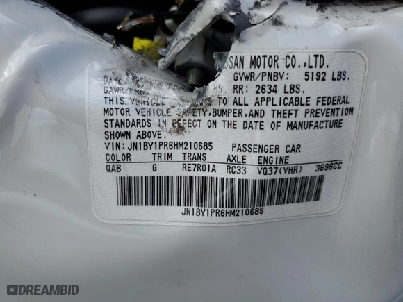 2017 Infiniti Q70L 3.7 with VIN JN1BY1PR6HM210685, listed as a Copart auction lot 73644754 with 0 mi miles and Salvage Title. Bid and sale history available at carsss.com. Image 15.