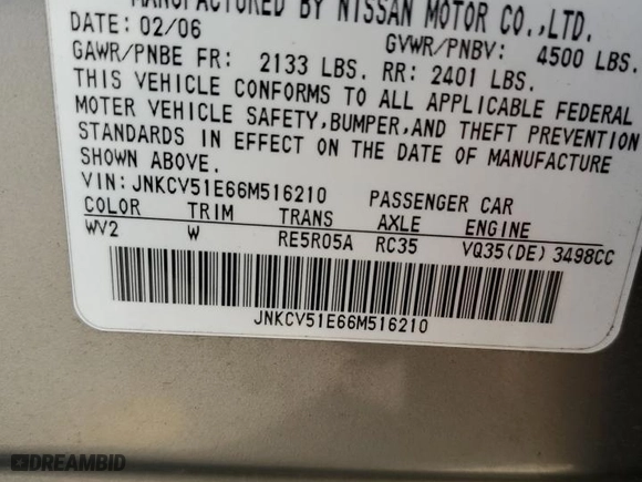 2006 Infiniti G35 Sedan with VIN JNKCV51E66M516210, listed as a Copart auction lot 50695545 with 188,847 mi miles and Clean Title. Bid and sale history available at carsss.com. Image 12.