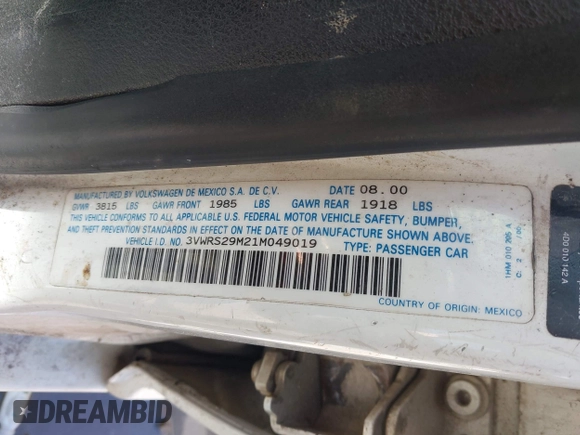 2001 Volkswagen Jetta с VIN 3VWRS29M21M049019, выставлен на аукционе IAAI как лот 42240253 с пробегом Не указан миль и . История ставок и продаж доступна на DreamBid. Изображение 9.