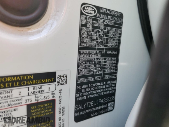 2023 Land Rover Range Rover Velar R-Dynamic S with VIN SALYT2EU1PA358335, listed as a Copart auction lot 84919374 with 4,692 mi miles and Salvage Title. Bid and sale history available at DreamBid. Image 13.