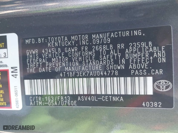 2010 Toyota Camry with VIN 4T1BF3EK7AU044778, listed as a IAAI auction lot 41852101 with 112,746 mi miles. Bid and sale history available at carsss.com. Image 9.