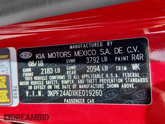 2019 Kia Forte LXS with VIN 3KPF24ADXKE019260, listed as a Copart auction lot 58819095 with 89,774 mi miles and Non repairable. Bid and sale history available at DreamBid. Image 12.