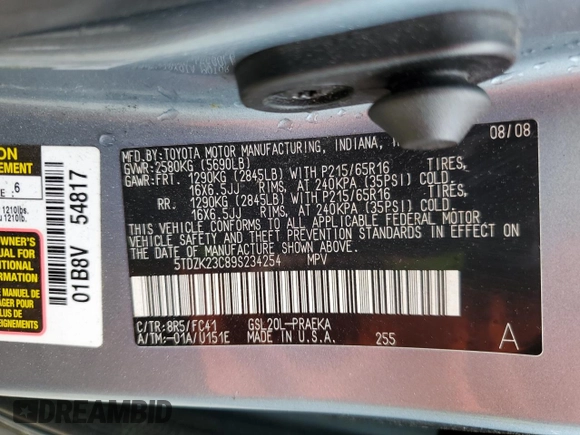2009 Toyota Sienna CE with VIN 5TDZK23C89S234254, listed as a Copart auction lot 51227875 with 152,946 mi miles and Salvage Title. Bid and sale history available at DreamBid. Image 13.