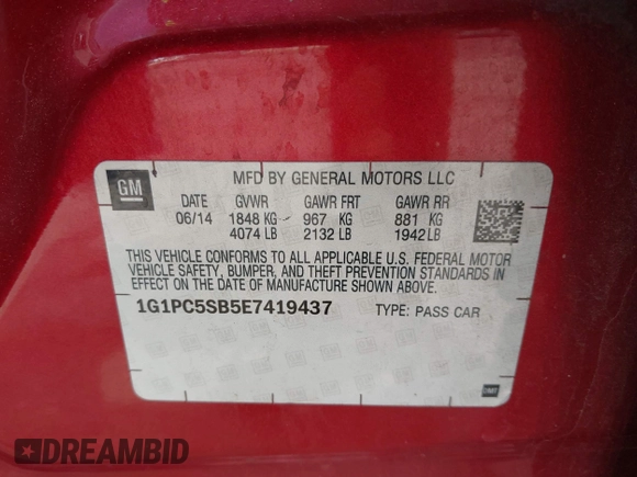 2014 Chevrolet Cruze 1LT with VIN 1G1PC5SB5E7419437, listed as a IAAI auction lot 41961469 with 90,439 mi miles and . Bid and sale history available at DreamBid. Image 9.