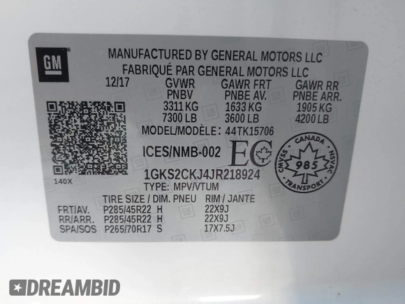 2018 GMC Yukon Denali with VIN 1GKS2CKJ4JR218924, listed as a IAAI auction lot 41702225 with 114,719 mi miles. Bid and sale history available at carsss.com. Image 9.