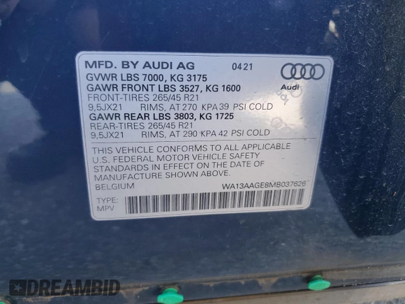 2021 Audi e-tron Sportback Prestige z VIN WA13AAGE8MB037626, wystawiony jako Copart lot #69024824 z przebiegiem 21 649 mil mil oraz Szkoda całkowita • Salvage title. Historia ofert i sprzedaży dostępna na DreamBid. Obrazek 14.