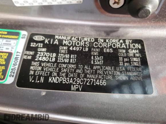 2012 Kia Sportage LX with VIN KNDPB3A29C7271466, listed as a Copart auction lot 58755725 with 156,489 mi miles and Salvage title. Bid and sale history available at DreamBid. Image 14.