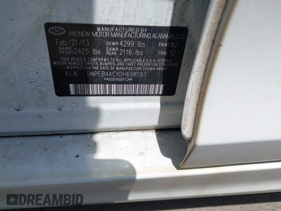 2013 Hyundai Sonata GLS z VIN 5NPEB4ACXDH698593, wystawiony jako IAAI lot #42273055 z przebiegiem 198 516 mil mil oraz . Historia ofert i sprzedaży dostępna na DreamBid. Obrazek 9.
