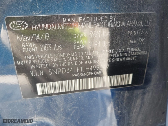 2020 Hyundai Elantra Value Edition with VIN 5NPD84LF1LH499349, listed as a IAAI auction lot 41960287 with 99,483 mi miles. Bid and sale history available at carsss.com. Image 9.