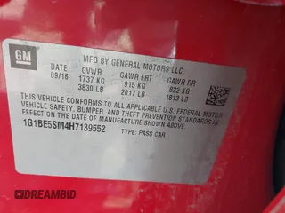 2017 Chevrolet Cruze LT with VIN 1G1BE5SM4H7139552, listed as a IAAI auction lot 41900544 with 131,529 mi miles and . Bid and sale history available at DreamBid. Image 9.