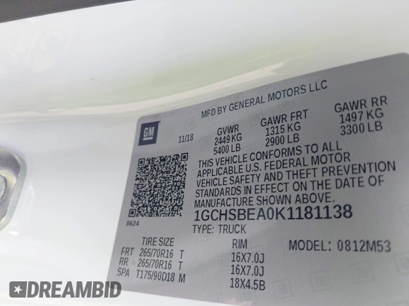 2019 Chevrolet Colorado 2WD Work Truck с VIN 1GCHSBEA0K1181138, выставлен на аукционе IAAI как лот 41806583 с пробегом 97 336 миль миль и . История ставок и продаж доступна на DreamBid. Изображение 9.