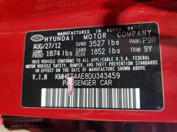 2013 Hyundai Accent GLS with VIN KMHCT4AE8DU343459, listed as a Copart auction lot 52325165 with 87,519 mi miles and Salvage Title. Bid and sale history available at carsss.com. Image 12.