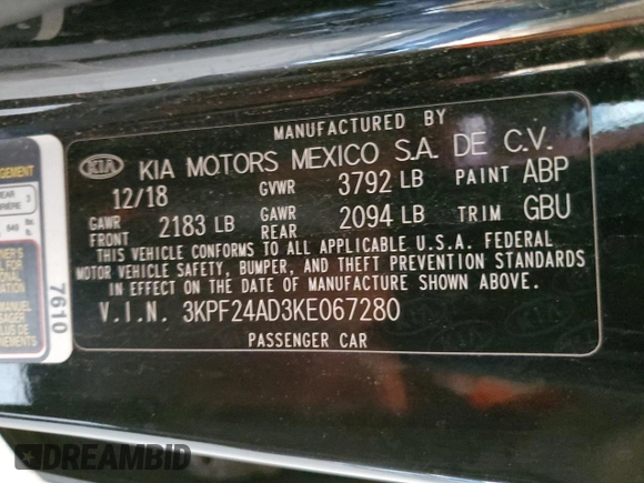 2019 Kia Forte LXS with VIN 3KPF24AD3KE067280, listed as a Copart auction lot 59010715 with 206,151 mi miles and Salvage title. Bid and sale history available at DreamBid. Image 12.