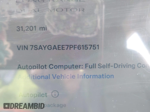 2023 Tesla Model Y Long Range with VIN 7SAYGAEE7PF615751, listed as a IAAI auction lot 42297819 with 31,201 mi miles and . Bid and sale history available at DreamBid. Image 9.