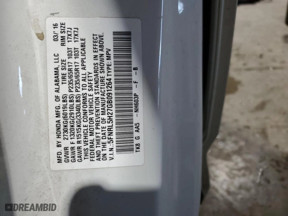 2016 Honda Odyssey LX with VIN 5FNRL5H27GB091264, listed as a Copart auction lot 45331815 with 124,107 mi miles and Salvage Title. Bid and sale history available at carsss.com. Image 15.