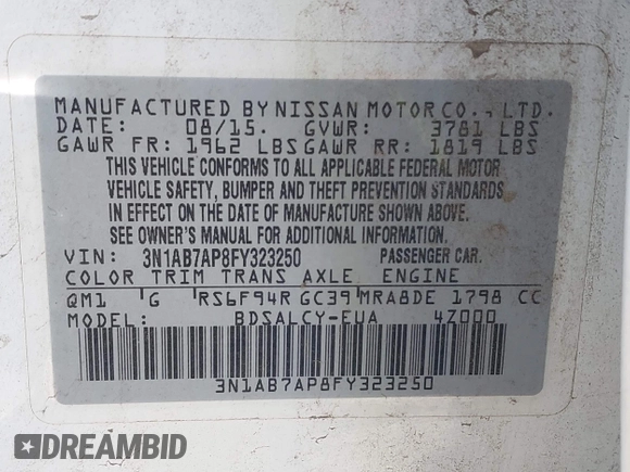 2015 Nissan Sentra SV z VIN 3N1AB7AP8FY323250, wystawiony jako IAAI lot #42217284 z przebiegiem 66 951 mil mil oraz . Historia ofert i sprzedaży dostępna na DreamBid. Obrazek 9.