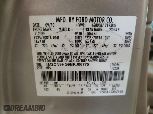 2011 Mercury Mariner Premier z VIN 4M2CN9HG9BKJ06775, wystawiony jako Copart lot #59256315 z przebiegiem 186 694 mil mil oraz Szkoda całkowita • Salvage title. Historia ofert i sprzedaży dostępna na DreamBid. Obrazek 13.
