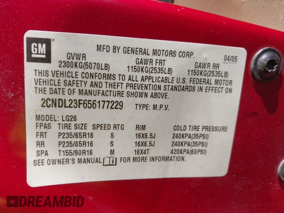 2005 Chevrolet Equinox LS z VIN 2CNDL23F656177229, wystawiony jako IAAI lot #41313002 z przebiegiem Nie podano mil oraz . Historia ofert i sprzedaży dostępna na DreamBid. Obrazek 9.