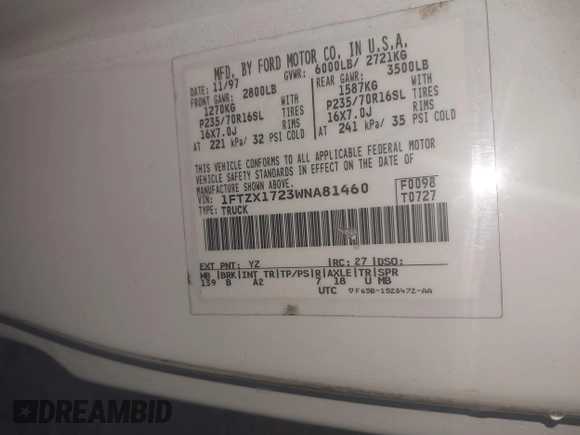 1998 Ford F-150 с VIN 1FTZX1723WNA81460, выставлен на аукционе IAAI как лот 41550492 с пробегом 180 376 миль миль и . История ставок и продаж доступна на DreamBid. Изображение 9.