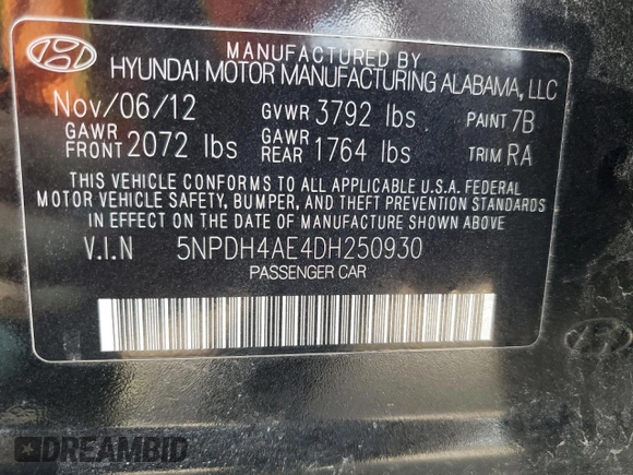 2013 Hyundai Elantra GLS with VIN 5NPDH4AE4DH250930, listed as a Copart auction lot 51010145 with 176,216 mi miles and Clean title. Bid and sale history available at DreamBid. Image 14.