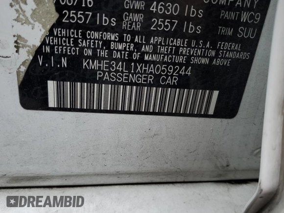 2017 Hyundai Sonata Hybrid Limited with VIN KMHE34L1XHA059244, listed as a Copart auction lot 65961053 with 124,907 mi miles. Bid and sale history available at carsss.com. Image 12.