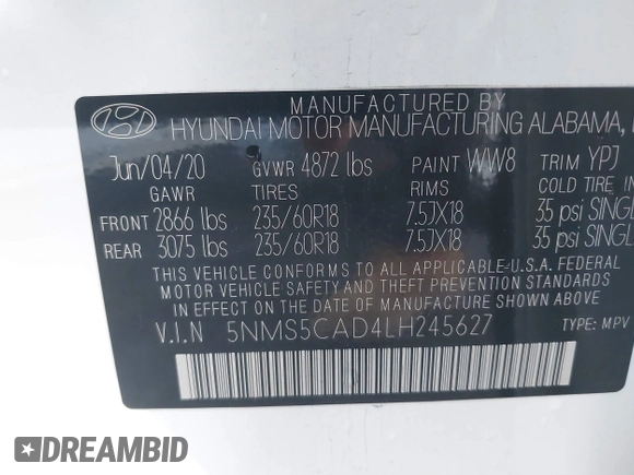 2020 Hyundai Santa Fe Limited with VIN 5NMS5CAD4LH245627, listed as a IAAI auction lot 41498703 with 56,745 mi miles. Bid and sale history available at carsss.com. Image 9.