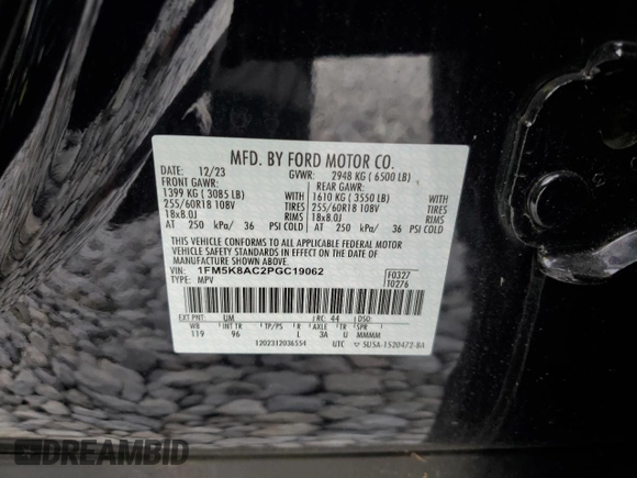 2023 Ford Explorer with VIN 1FM5K8AC2PGC19062, listed as a Copart auction lot 58402075 with Not provided miles and Clean title. Bid and sale history available at DreamBid. Image 14.