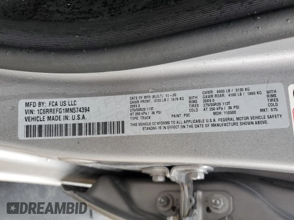 2021 Ram 1500 Big Horn с VIN 1C6RREFG1MN574394, выставлен на аукционе Copart как лот 63209094 с пробегом 46 334 миль миль и Списание • Salvage title. История ставок и продаж доступна на DreamBid. Изображение 12.