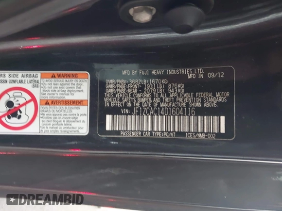 2013 Subaru BRZ Limited with VIN JF1ZCAC14D1604116, listed as a IAAI auction lot 42404911 with 117,061 mi miles and . Bid and sale history available at DreamBid. Image 9.
