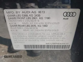 2014 Audi Q5 Premium Plus z VIN WA1LFBFP4EA006181, wystawiony jako IAAI lot #42140321 z przebiegiem 104 870 mil mil oraz . Historia ofert i sprzedaży dostępna na DreamBid. Obrazek 9.