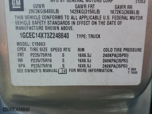 2003 Chevrolet Silverado 1500 Work Truck with VIN 1GCEC14X73Z248840, listed as a Copart auction lot 45815595 with NaN miles and Clean Title. Bid and sale history available at carsss.com. Image 13.