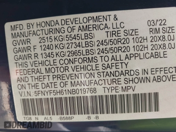 2022 Honda Pilot Touring 7-Passenger with VIN 5FNYF5H61NB019768, listed as a IAAI auction lot 42438780 with Not provided miles and . Bid and sale history available at DreamBid. Image 9.
