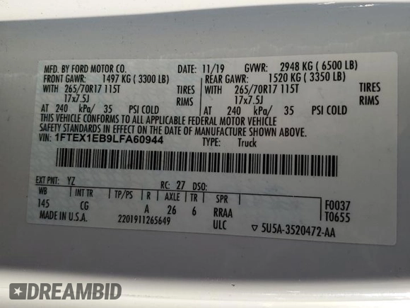 2020 Ford F-150 XL with VIN 1FTEX1EB9LFA60944, listed as a Copart auction lot 81302364 with 127,147 mi miles and Salvage Title. Bid and sale history available at carsss.com. Image 12.