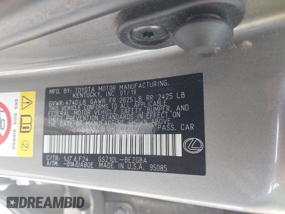 2019 Lexus ES with VIN 58ABZ1B19KU023027, listed as a IAAI auction lot 41935746 with 72,360 mi miles. Bid and sale history available at carsss.com. Image 9.