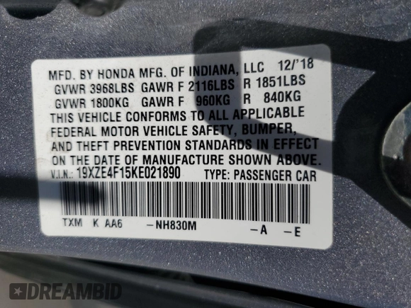 2019 Honda Insight LX z VIN 19XZE4F15KE021890, wystawiony jako Copart lot #56342525 z przebiegiem Nie podano mil oraz Szkoda całkowita • Salvage title. Historia ofert i sprzedaży dostępna na DreamBid. Obrazek 12.