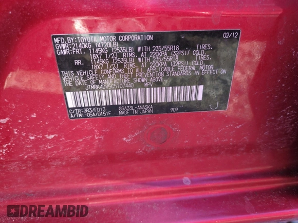 2012 Toyota RAV4 Sport with VIN JTMRK4DV5C5107440, listed as a Copart auction lot 46934795 with 92,263 mi miles and Salvage title. Bid and sale history available at DreamBid. Image 12.