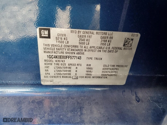2015 Chevrolet Silverado 3500HD LTZ with VIN 1GC4K0E80FF577143, listed as a Copart auction lot 76626244 with 41,587 mi miles and Salvage Title. Bid and sale history available at carsss.com. Image 12.