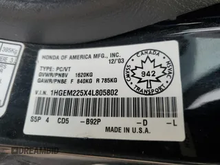 2004 Honda Civic LX with VIN 1HGEM225X4L805802, listed as a Copart auction lot 63594824 with 331,988 mi miles and Salvage Title. Bid and sale history available at DreamBid. Image 12.