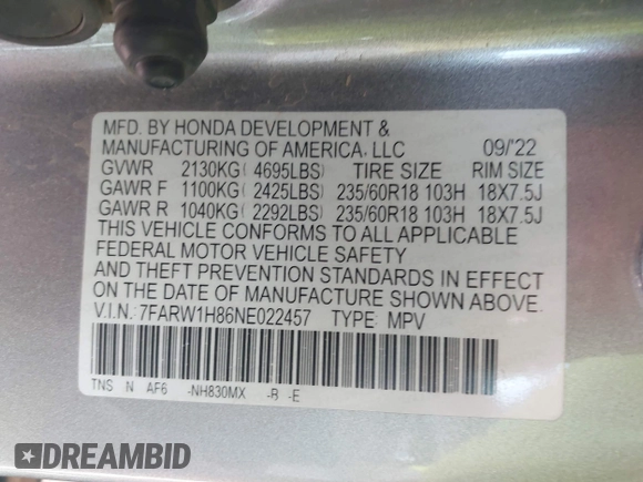 2022 Honda CR-V EX-L z VIN 7FARW1H86NE022457, wystawiony jako IAAI lot #42080277 z przebiegiem 34 529 mil mil oraz . Historia ofert i sprzedaży dostępna na DreamBid. Obrazek 9.