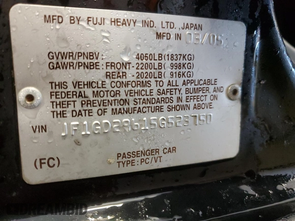 2005 Subaru Impreza Sedan (Natl) WRX with VIN JF1GD29615G523750, listed as a Copart auction lot 42104015 with 141,630 mi miles and Salvage Title. Bid and sale history available at carsss.com. Image 14.