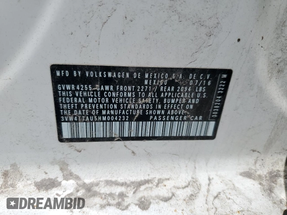 2017 Volkswagen GTI S с VIN 3VW4T7AU5HM004232, выставлен на аукционе Copart как лот 57154385 с пробегом 83 426 миль миль и Чистый • Clean title. История ставок и продаж доступна на DreamBid. Изображение 12.