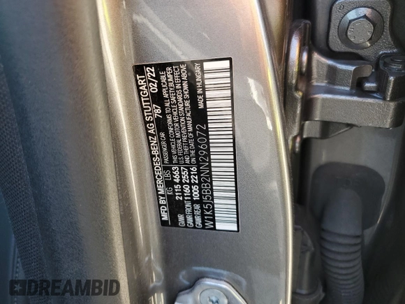 2022 Mercedes-Benz CLA 35 AMG with VIN W1K5J5BB2NN296072, listed as a Copart auction lot 44534784 with 44,666 mi miles and . Bid and sale history available at DreamBid. Image 12.