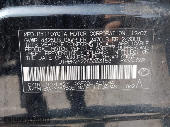 2008 Lexus IS 250 with VIN JTHBK262285063153, listed as a IAAI auction lot 42391384 with Not provided miles and . Bid and sale history available at DreamBid. Image 9.