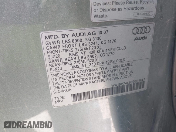2008 Audi Q7 Premium with VIN WA1BV74L98D031947, listed as a IAAI auction lot 42544652 with Not provided miles and . Bid and sale history available at DreamBid. Image 9.
