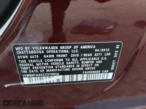 2012 Volkswagen Passat SE с VIN 1VWBH7A3XCC079924, выставлен на аукционе IAAI как лот 42333339 с пробегом 108 173 миль миль и . История ставок и продаж доступна на DreamBid. Изображение 9.