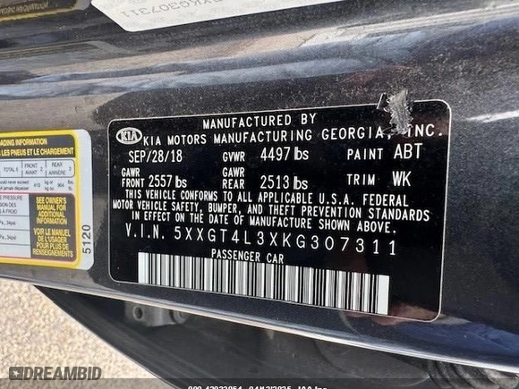 2019 Kia Optima LX with VIN 5XXGT4L3XKG307311, listed as a IAAI auction lot 42033854 with 257,227 mi miles. Bid and sale history available at carsss.com. Image 8.