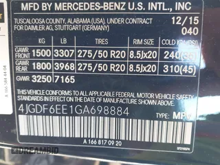 2016 Mercedes-Benz GL with VIN 4JGDF6EE1GA698884, listed as a IAAI auction lot 41320600 with 1 mi miles. Bid and sale history available at carsss.com. Image 9.