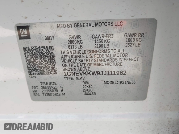2018 Chevrolet Traverse High Country with VIN 1GNEVKKW9JJ111962, listed as a IAAI auction lot 42118324 with 104,311 mi miles and . Bid and sale history available at DreamBid. Image 9.